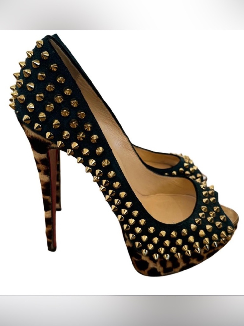 Christian Louboutin Teal & Leopard Print Heels with Gold Studs